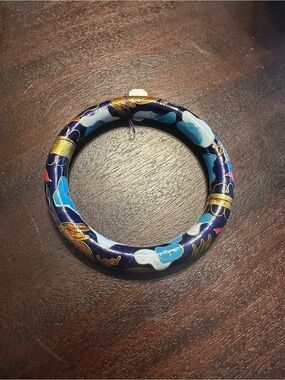 Blue Cloisonné Floral Bangle Bracelet - Women Jewelry